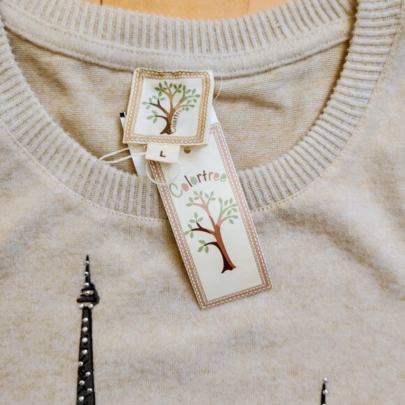 COLORTREE Paris M-L Red Barret Eiffel Tower Studs Decor Beige Sweater Top Tunic - Picture 5 of 16